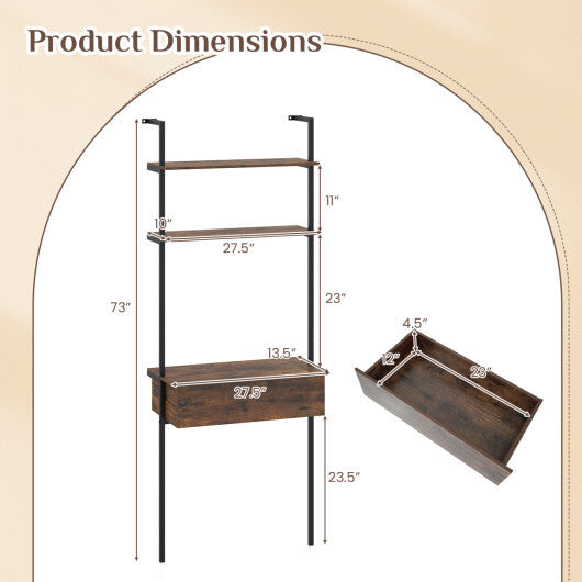 4-Tier Ladder Bookshelf with Drawer and Metal Frame for Living Room-Rustic Brown W2B