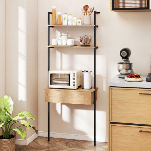 4-Tier Ladder Bookshelf with Drawer and Metal Frame for Living Room-Rustic Brown W2B