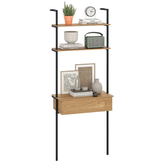 4-Tier Ladder Bookshelf with Drawer and Metal Frame for Living Room-Rustic Brown W2B