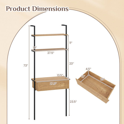 4-Tier Ladder Bookshelf with Drawer and Metal Frame for Living Room-Rustic Brown W2B