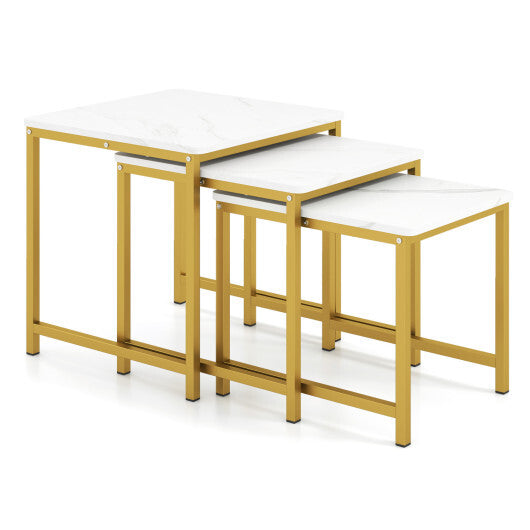 Faux Marble Nesting Table with Metal Frame Set of 3-White W2B