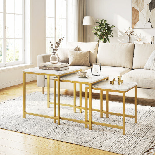 Faux Marble Nesting Table with Metal Frame Set of 3-White W2B