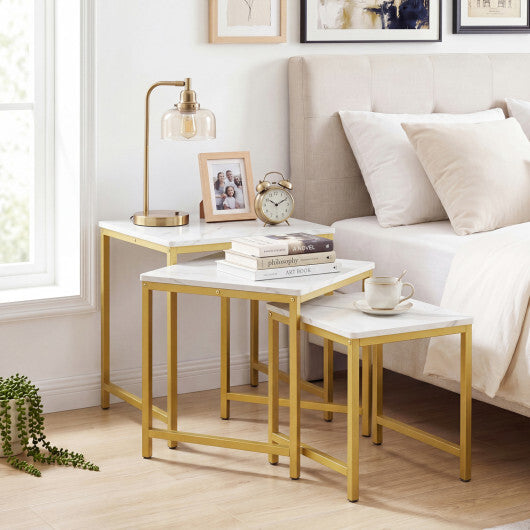 Faux Marble Nesting Table with Metal Frame Set of 3-White W2B