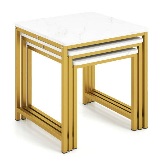 Faux Marble Nesting Table with Metal Frame Set of 3-White W2B