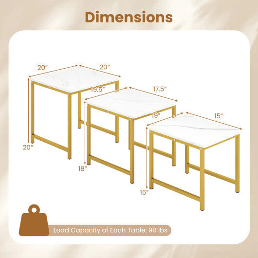 Faux Marble Nesting Table with Metal Frame Set of 3-White W2B