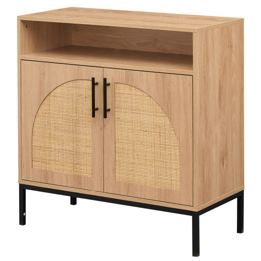 32" Sideboard Buffet Cabinet with 2 Natural Rattan Decorated Doors and Adjustable Shelf-Natural W2B