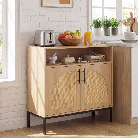 32" Sideboard Buffet Cabinet with 2 Natural Rattan Decorated Doors and Adjustable Shelf-Natural W2B
