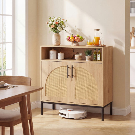 32" Sideboard Buffet Cabinet with 2 Natural Rattan Decorated Doors and Adjustable Shelf-Natural W2B