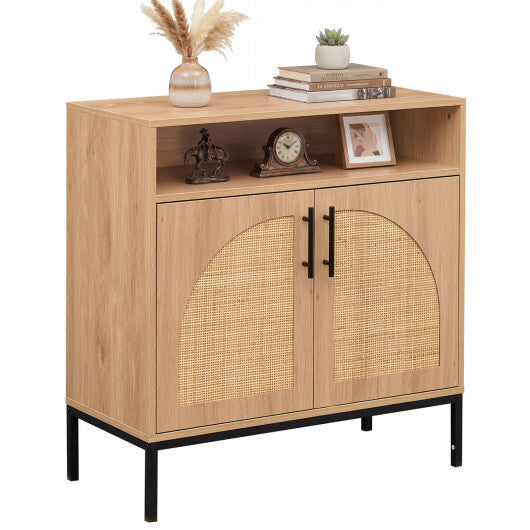 32" Sideboard Buffet Cabinet with 2 Natural Rattan Decorated Doors and Adjustable Shelf-Natural W2B