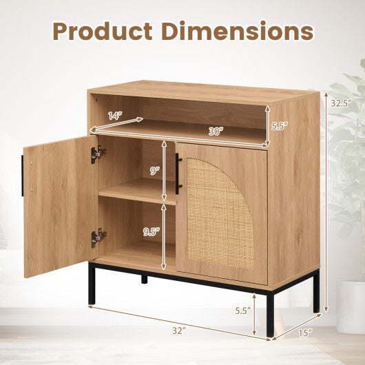 32" Sideboard Buffet Cabinet with 2 Natural Rattan Decorated Doors and Adjustable Shelf-Natural W2B