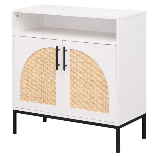 32" Sideboard Buffet Cabinet with 2 Natural Rattan Decorated Doors and Adjustable Shelf-Natural W2B
