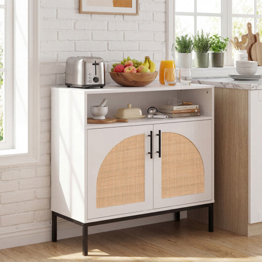 32" Sideboard Buffet Cabinet with 2 Natural Rattan Decorated Doors and Adjustable Shelf-Natural W2B