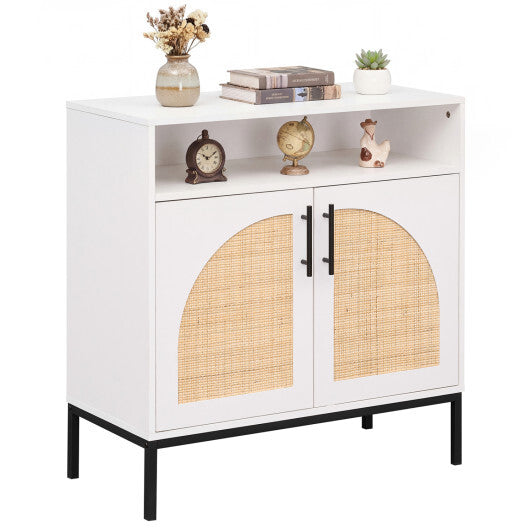 32" Sideboard Buffet Cabinet with 2 Natural Rattan Decorated Doors and Adjustable Shelf-Natural W2B