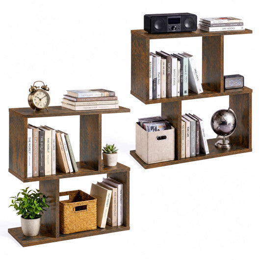 3-Tier Geometric Bookshelf Freestanding Display Shelf Side Table Set of 2-Brown W2B