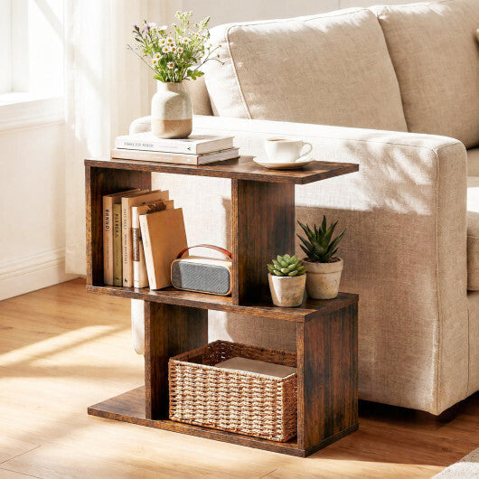 3-Tier Geometric Bookshelf Freestanding Display Shelf Side Table Set of 2-Brown W2B