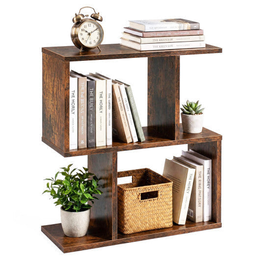 3-Tier Geometric Bookshelf Freestanding Display Shelf Side Table Set of 2-Brown W2B