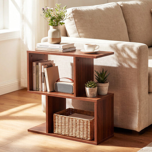 3-Tier Geometric Bookshelf Freestanding Display Shelf Side Table Set of 2-Brown W2B