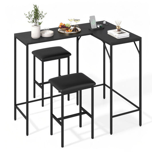 3-Piece Convertible L-Shaped Kitchen Table Chair Set with 2 AC Outlets  USB Port and Type-C Port-Black W2B