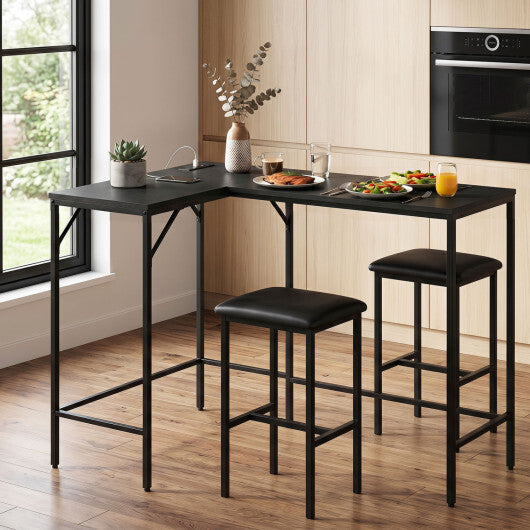 3-Piece Convertible L-Shaped Kitchen Table Chair Set with 2 AC Outlets  USB Port and Type-C Port-Black W2B