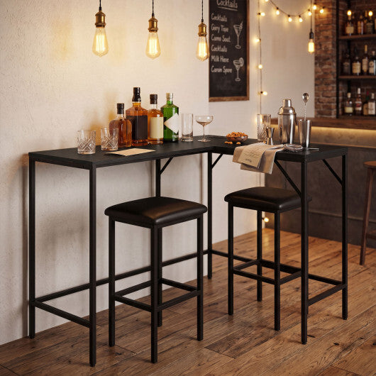 3-Piece Convertible L-Shaped Kitchen Table Chair Set with 2 AC Outlets  USB Port and Type-C Port-Black W2B