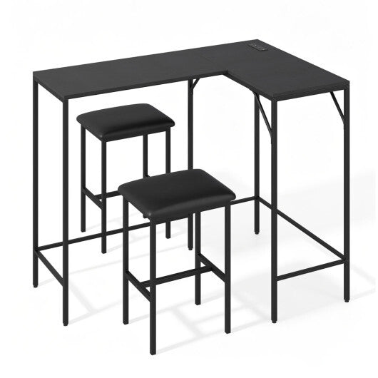 3-Piece Convertible L-Shaped Kitchen Table Chair Set with 2 AC Outlets  USB Port and Type-C Port-Black W2B