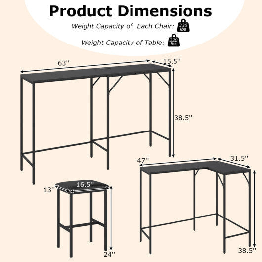3-Piece Convertible L-Shaped Kitchen Table Chair Set with 2 AC Outlets  USB Port and Type-C Port-Black W2B