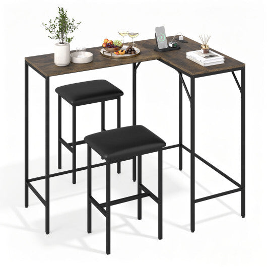 3-Piece Convertible L-Shaped Kitchen Table Chair Set with 2 AC Outlets  USB Port and Type-C Port-Black W2B