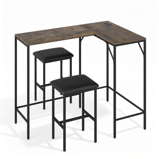 3-Piece Convertible L-Shaped Kitchen Table Chair Set with 2 AC Outlets  USB Port and Type-C Port-Black W2B