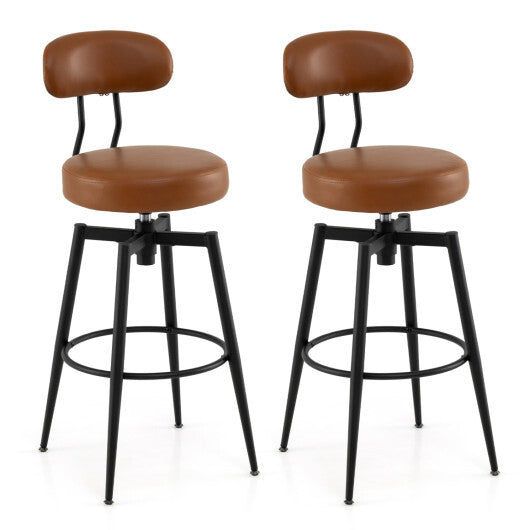 Set of 2 Swivel Barstools Faux Leather with Upholstered Seat and Back-Brown W2B