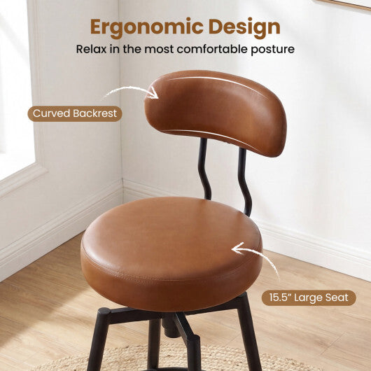 Set of 2 Swivel Barstools Faux Leather with Upholstered Seat and Back-Brown W2B