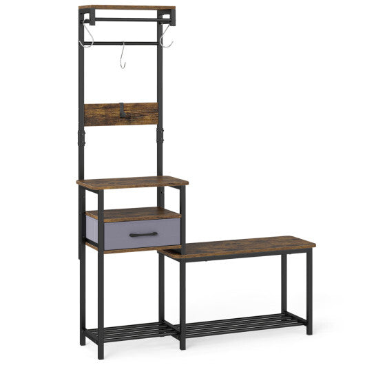 7-in-1 Hall Tree with Shoe Bench and Hooks and Removable Drawer for Entryway-Rustic Brown W2B