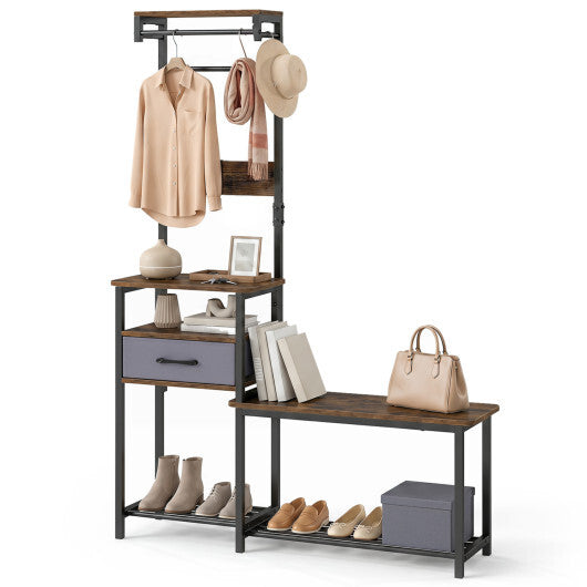 7-in-1 Hall Tree with Shoe Bench and Hooks and Removable Drawer for Entryway-Rustic Brown W2B