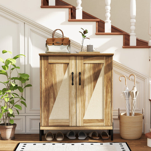 5-Tier Wooden Farmhouse Shoe Cabinet with Woven Rattan Doors-Natural W2B