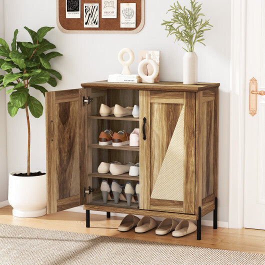 5-Tier Wooden Farmhouse Shoe Cabinet with Woven Rattan Doors-Natural W2B