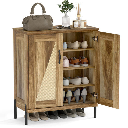 5-Tier Wooden Farmhouse Shoe Cabinet with Woven Rattan Doors-Natural W2B