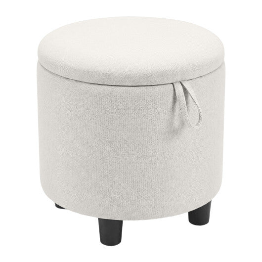 Round Storage Ottoman Linen Fabric Upholstered Footrest Stool-Beige W2B