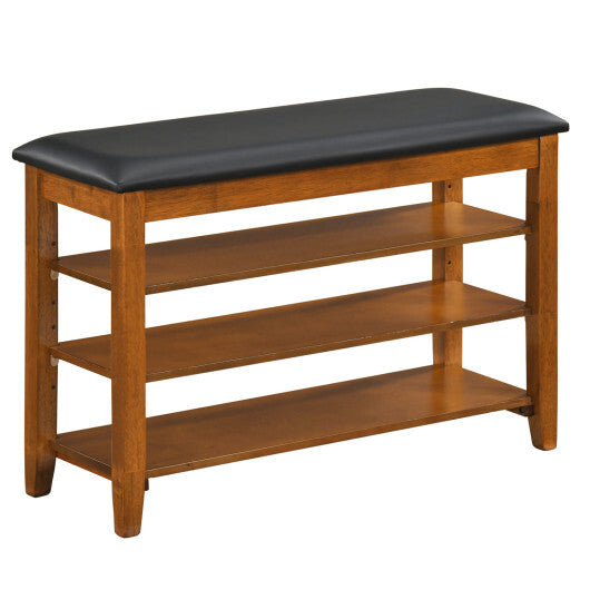 3-Tier Shoe Rack Bench with Adjustable Shelves and Soft Cushion for Entryway and Living Room-Brown W2B