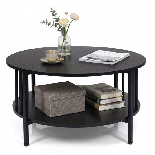 2-Tier Round Coffee Table with Storage Shelf and Metal Accents in Black Walnut-Walnut W2B