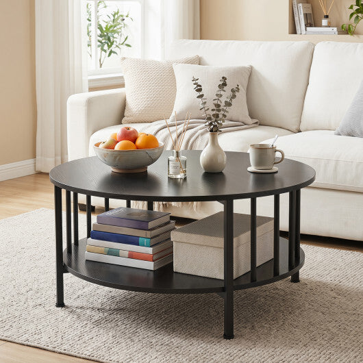 2-Tier Round Coffee Table with Storage Shelf and Metal Accents in Black Walnut-Walnut W2B