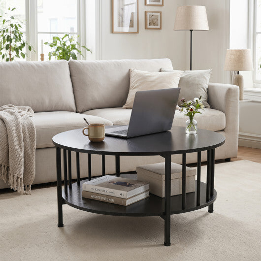 2-Tier Round Coffee Table with Storage Shelf and Metal Accents in Black Walnut-Walnut W2B