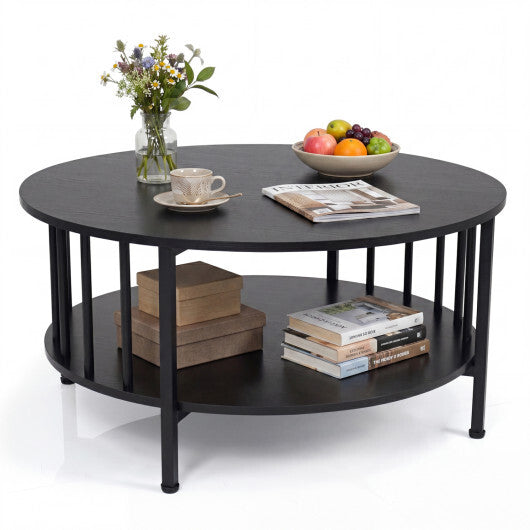 2-Tier Round Coffee Table with Storage Shelf and Metal Accents in Black Walnut-Walnut W2B