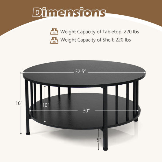 2-Tier Round Coffee Table with Storage Shelf and Metal Accents in Black Walnut-Walnut W2B