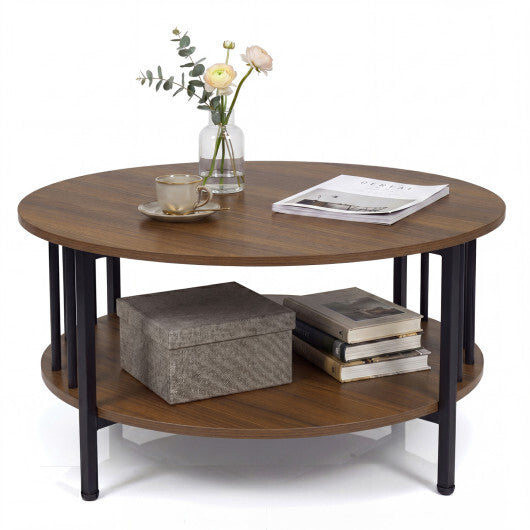 2-Tier Round Coffee Table with Storage Shelf and Metal Accents in Black Walnut-Walnut W2B