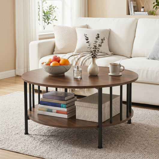 2-Tier Round Coffee Table with Storage Shelf and Metal Accents in Black Walnut-Walnut W2B