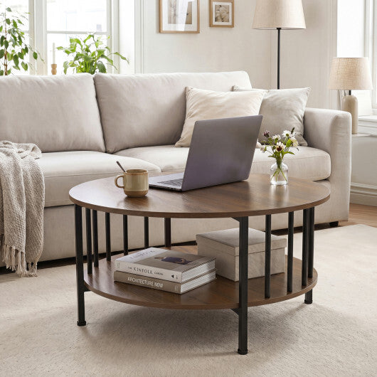 2-Tier Round Coffee Table with Storage Shelf and Metal Accents in Black Walnut-Walnut W2B