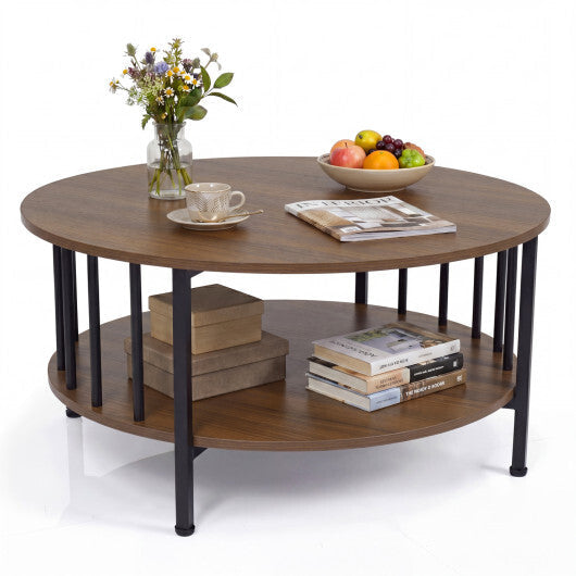 2-Tier Round Coffee Table with Storage Shelf and Metal Accents in Black Walnut-Walnut W2B