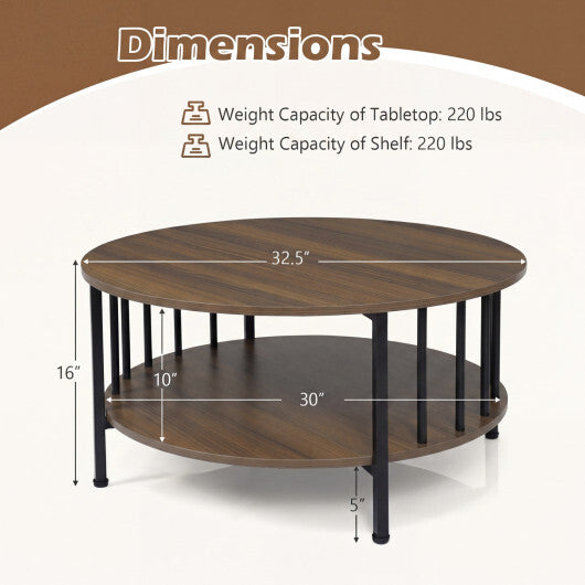 2-Tier Round Coffee Table with Storage Shelf and Metal Accents in Black Walnut-Walnut W2B