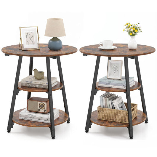 Set of 2 Industrial Side Tables with 3-Tier Shelves & Metal Frame for Small Space-Rustic Brown W2B