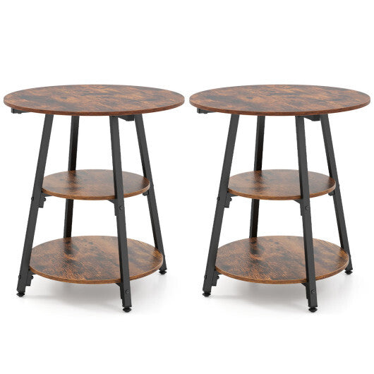 Set of 2 Industrial Side Tables with 3-Tier Shelves & Metal Frame for Small Space-Rustic Brown W2B