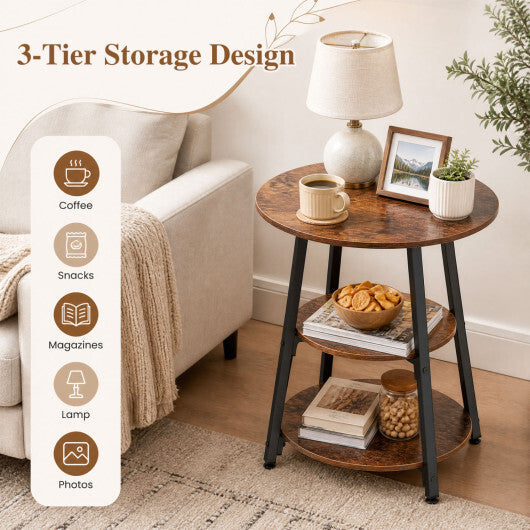 Set of 2 Industrial Side Tables with 3-Tier Shelves & Metal Frame for Small Space-Rustic Brown W2B
